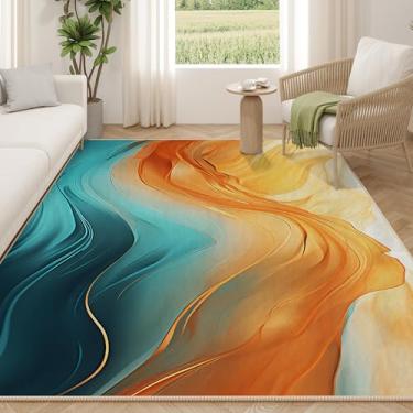 Imagem de Tapete de área laranja azul-petróleo para sala de estar, 2,5 m x 25,4 cm, tapete decorativo lavável em mármore turquesa, antiderrapante, para sala de estar, quarto, escritório, decoração de sala de