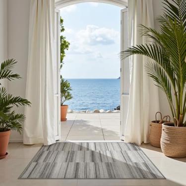 Imagem de jinchan Tapete geométrico 7 x 12 cm, lavável, ultrafino, leve, antiderrapante, cinza, abstrato, casual, moderno, tapete listrado para quarto, banheiro, escritório, sala de estar, cinza