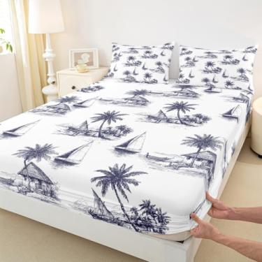 Imagem de Jogo de lençol casal Ocean Coastal com palmeira, barco à vela, 3 peças, para decoração de quarto de crianças, meninas, meninos, adolescentes, casa de praia, azul marinho, branco, lençol com bolso