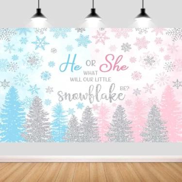 Imagem de Pano de fundo revelador de gênero de floco de neve da floresta de inverno de 25 x 2 m, para meninos ou meninas, como será nosso pequeno floco de neve, fundo fotográfico azul para chá de bebê