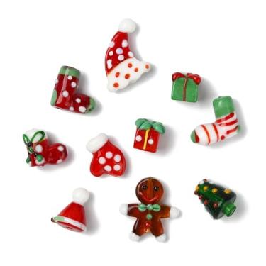 Imagem de UR URLIFEHALL 10 peças 10 estilos de contas de vidro de Natal feitas à mão árvore de Natal homem de gengibre contas soltas para pulseira, colar, fabricação de joias