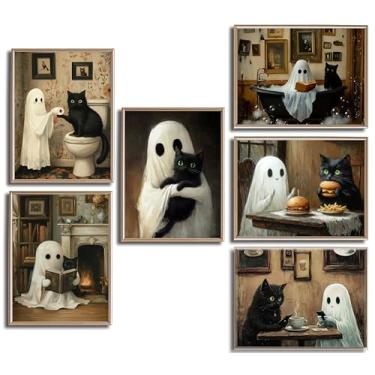 Imagem de 6 peças de arte de parede fantasma fantasma gato preto engraçado decoração de parede gótica imagens retro terror assustador escuro Academia Poster impressões para quarto galeria bar decoração de casa