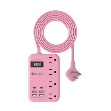 Imagem de Cabo de extensão rosa com 6 USB (2 USB) - Faixa de alimentação rosa de 1,8 m com estação de carregamento USB de 24 W e 4 tomadas, acessórios de mesa rosa com protetor de sobretensão para presentes