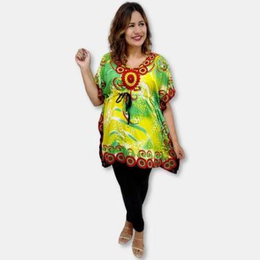 Imagem de Bata Kaftan Indiana Saída de Praia Estampa Flores e Onça - Sarat Moda 