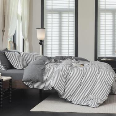 Imagem de Warm Moment Conjunto de capa de edredom reversível, 100% algodão lavado, cinza escuro, listrado, linho, capa de edredom king size com fecho de zíper e 2 fronhas, cinza escuro/listra branca reversa