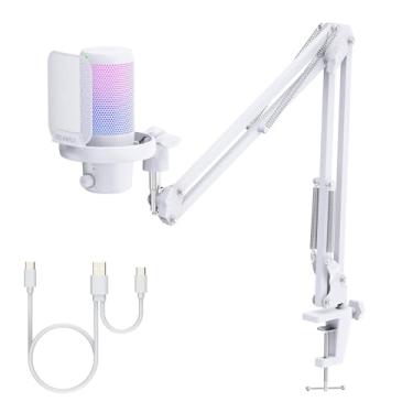 Imagem de FEELWORLD Microfone condensador VM1 branco para jogos, PC, USB, com cancelamento de ruído, luz RGB mudo, acessórios de computador, presentes para jogadores, YouTube, Twitch, podcast, transmissão