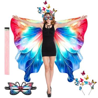 Imagem de Rngmsi Fantasia feminina de asas de borboleta, rosa, verde, estampa frente e verso, xaile de asa de borboleta com faixa de cabeça, conjunto de extensões de cabelo, capa para cosplay, festa de