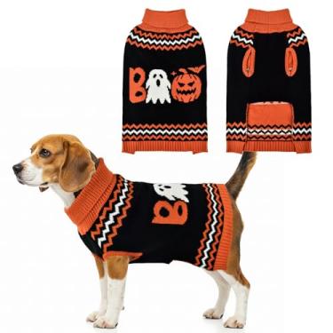 Imagem de LyssKMK Suéter listrado de Halloween com estampa de fantasma de abóbora para animais de estimação, roupas festivais, letras boo, fantasia de Halloween para cães pequenos, médios e grandes, 2GG