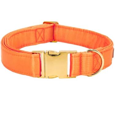Imagem de Tunkoo Coleira para cachorro de seda laranja macia e confortável para o outono, Dia das Bruxas, Ação de Graças, fivela dourada pesada durável, tamanhos pequeno a médio-grande, G