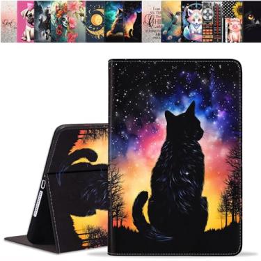 Imagem de Capa de couro PU premium para iPad Mini 7 (A17 Pro) 2024 e 6 2021, 7ª/6ª geração, 8,3 polegadas, suporte dobrável com hibernar/despertar automático - gato preto sob o céu estrelado