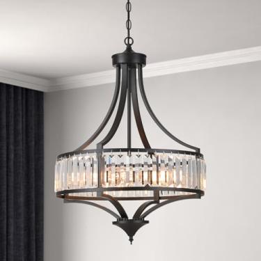 Imagem de 3WWWUEE Lustre moderno de cristal cromado, luminária grande de teto de 50 polegadas com corrente de suspensão ajustável de 127 cm, lustre de fazenda de 5 luzes para sala de jantar, sala de estar