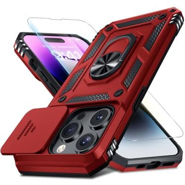 Imagem de Janmitta Capa para iPhone 14 Pro, capa de lente de câmera deslizante embutida + protetor de tela, capa de telefone de corpo inteiro resistente à prova de choque com suporte de anel de dedo, vermelha
