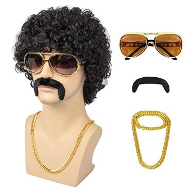 Imagem de TUOFLY Peruca Afro Masculina 70 Discoteca Fantasia com Óculos Colar Bigode e Touca Peruca Natural Fofo Curto Preto Curto Peruca de Cabelo Sintético para Halloween Natal Festa Cosplay