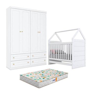 Imagem de Berço Montessoriano E Guarda Roupa Infantil Americano 4 Portas Branco Com Colchão Gazin - Henn