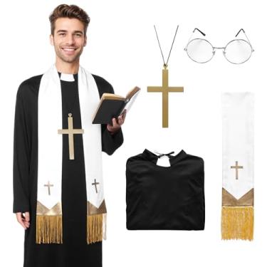 Imagem de SERTAS Fantasias de padre para homens, fantasia de padre de Halloween inclui roupão estola e óculos de cruz para festa de cosplay de Halloween
