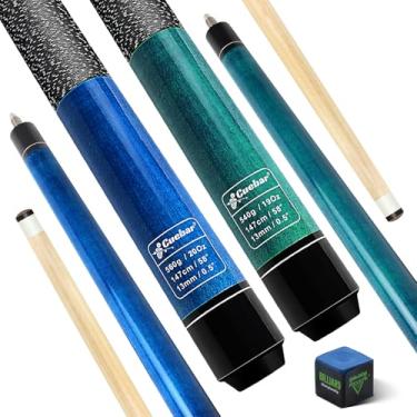 Imagem de CUEBAR Conjunto de 2 tacos de sinuca de 147 cm, 2 peças para adultos, bastões de taco de bilhar de madeira de bordo para bar doméstico, ponta de 13 mm, envoltório de linho sintético - azul-petróleo +