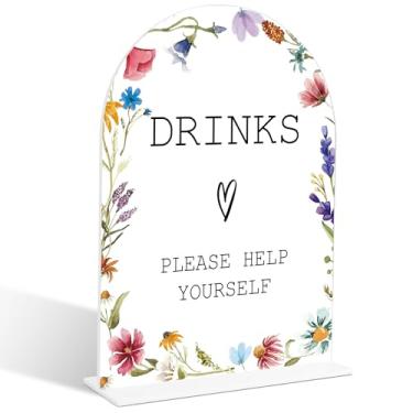 Imagem de Placa de bar de bebidas, placas de casamento para cerimônia e recepção, placa de casamento acrílica de arco floral, decorações de chá de panela, decoração de chá de panela, suprimentos de festa de