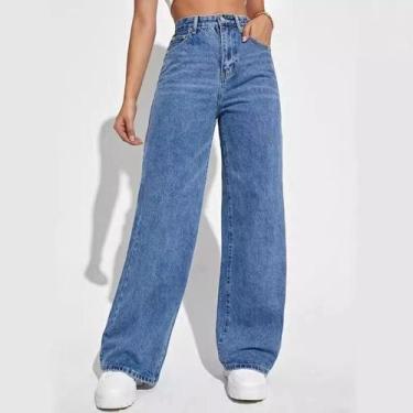 Imagem de Calças Jeans Femininas De Cintura Alta Com Pernas Largas, Estilo Europ