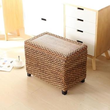 Imagem de Otomano De Armazenamento De Junco-marinho Tecido, Otomano De Armazenamento De Rattan Rústico, Puff De Pé De Vime Feito à Mão Com Armazenamento, Fim Da Cam, Handle a, 50x30x40cm(20x12x16inch)