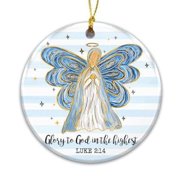 Imagem de Enfeite de Natal de anjo cristão 2025 – "Glória a Deus no mais alto" Lucas 2:14 – Ornamento de cerâmica religioso com anjo azul e dourado, decoração de férias com escrituras inspiradoras e presente de