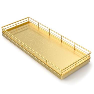 Imagem de Bandeja de banheiro para bancada, bandeja decorativa de madeira de carvalho 28,4 cm L para cômoda, organizador de bancada de cozinha, escovação dourada