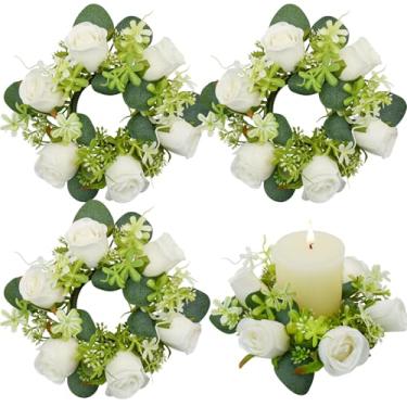 Imagem de Bacucine Coroas de velas pequenas, 4 peças, flores artificiais de rosa branca, mini guirlanda de Natal para casamento, cozinha, mesa, decoração de casa (branca)