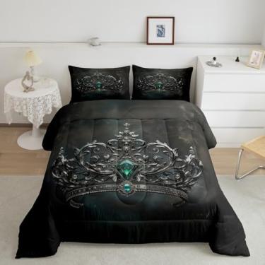Imagem de Homewish Conjunto de edredom infantil com coroa de prata, tamanho king, king e Queen, conjunto de colcha para todas as estações, verde e pedra preciosa cinza, microfibra preta e poliéster