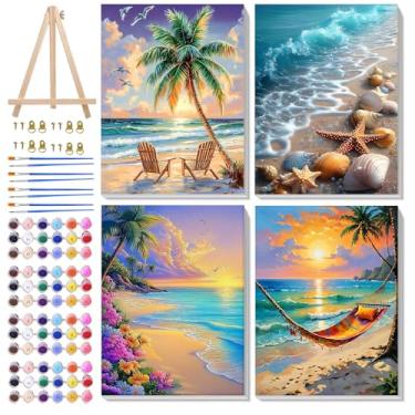 Imagem de Ycydilirab Pacote com 4 tintas emolduradas por números - pintura de paisagem por número adulto, pintura de cenário à beira-mar por números tela emoldurada com cavalete de madeira para decoração de