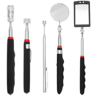 Imagem de Conjunto de ferramentas de captação de ímã de LED de aço inoxidável, 5 peças, ferramenta de captação magnética telescópica compacta com espelho de inspeção ajustável giratório 360 redondo e quadrado