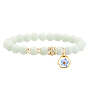 Imagem de JunyiDIY Pulseira com pingente de semente de mostarda com flor seca, pedra natural de 8 mm, estiramento, fé religiosa, poder espiritual, ideia de presente significativo para mulheres YS5485