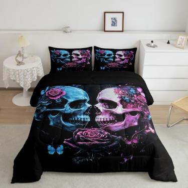 Imagem de Jogo de cama casal infantil com caveira, flores góticas, borboleta, todas as estações, decoração do dia dos namorados, conjunto de colcha de quarto, estilo casa de fazenda, 2 fronhas