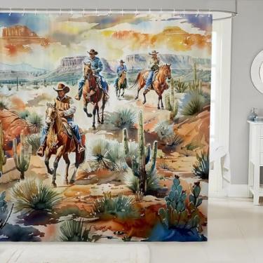 Imagem de Manfei Cortinas de chuveiro infantil Western Cowboy, cortina de banheiro de cacto do deserto cavalo oeste, decoração de casa retrô tribal vintage, cortinas impermeáveis verdes amarelas, 12 ganchos