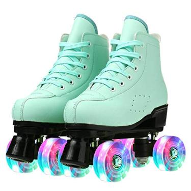 Imagem de Patins femininos clássicos de couro de duas fileiras de cano alto patins para adultos patins duplos de quatro rodas para meninas unissex 41 = BR: 8,5