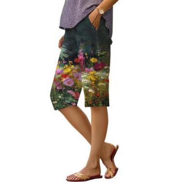 Imagem de Shorts DMOYALA com estampa floral de linho de cintura alta para mulher