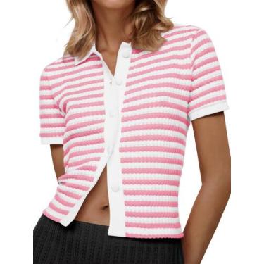 Imagem de Suéter polo listrado Saodimallsu feminino de manga curta rosa