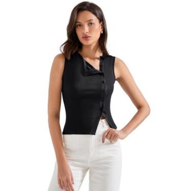 Imagem de Camiseta regata feminina SUUKSESS sem mangas com botões, preta, tamanh