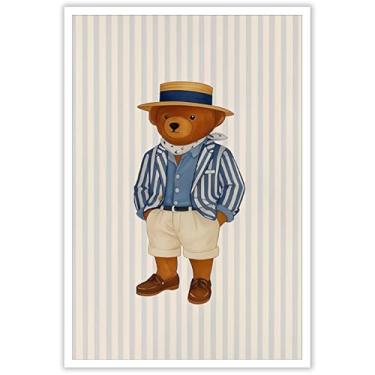 Imagem de Urso de pelúcia moderno em tela arte de parede urso vestindo uma camisa e um chapéu, pôster de revista de animal abstrato, impressões, pintura para sala de estar, quarto, escritório, decoração de
