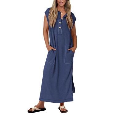 Imagem de Vestido de verão KIRUNDO em malha canelada Henley Maxi azul marinho fe
