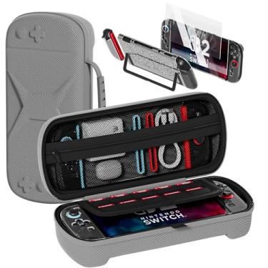 Imagem de Capa Switch 2 para console Nintendo Switch 2 e acessórios, capa de transporte Switch 2 com 12 compartimentos para cartão de jogo, bolsa rígida portátil para transporte (bolsa transparente + cinza)