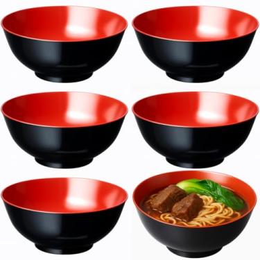 Imagem de Japonês, estilo japonês, plástico preto e vermelho cor grande 142 g tigelas de ramen para massas de cereais de macarrão Udon Pho, 52 oz, 6