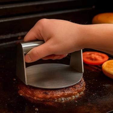 Imagem de Prensa Smash Burger de Aço Inox 14cm Prensador Profissional Hambúrguer Chapa Chapeiro Cozinha Delivery Itens para Lanche