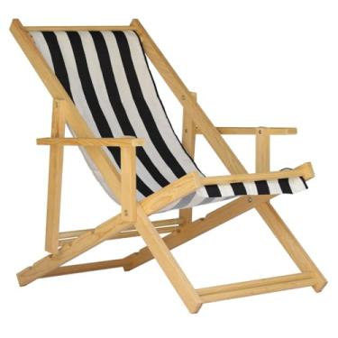 Imagem de Espreguiçadeira Reclinável Com Braço em Madeira Maciça Natural – Para Jardim, Varanda e Área Externa, Tecido Removível (Listrado Preto e Branco)