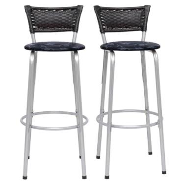 Imagem de Banqueta Altas Junco Preto Estrutura Prata 70cm Para Balcão Cozinha, Bar, Bistrô, Americano Kit 02 Unidades - Itagold (Assento Floral Preto)