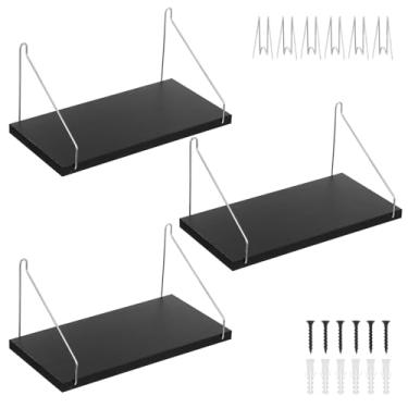 Imagem de KHZSPP Conjunto de 3 prateleiras flutuantes para parede, tábua de madeira com ganchos de aço inoxidável 304, prateleiras de madeira montadas na parede para quarto, sala de estar, banheiro, cozinha