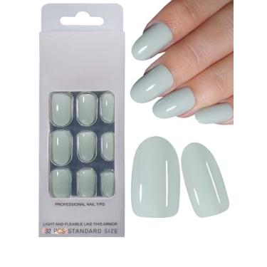 Imagem de Kit de unhas postiças ovais com 32 peças, pregos ovais, pregos curtos, pregos de acrílico, ciano claro, unhas palito ciano, feminino, artificial, unhas, redondo, amêndoa, acrílico, conjunto com abas