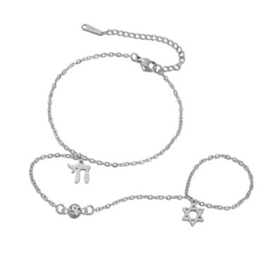 Imagem de Dreamtimes Pulseira de anel de dedo, pulseira de estrela de Davi, pulseiras hebraicas de aço inoxidável para mulheres, pulseiras de mão Hamsa, joias religiosas judaicas, Medium, Aço inoxidável, Sem
