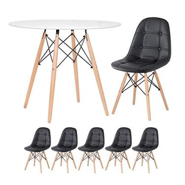 Imagem de Loft7 Home Decor, Kit Mesa Eames Eiffel 90 cm + 5 Cadeiras Estofadas Botonê - Preto
