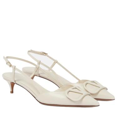 Imagem de CHEFDEER Salto gatinho Slingback feminino de couro envernizado, bico fino, salto baixo, sandálias de salto baixo para formatura, casamento, festa, Branco, 37