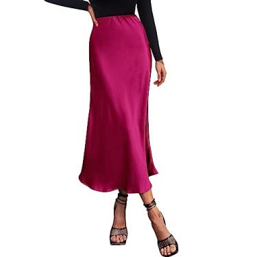 Imagem de BTFBM Saia feminina de cetim longa para o verão 2025 de seda elegante cintura alta coquetel festa casamento rodada evasê saia midi, Vermelho rosa, GG