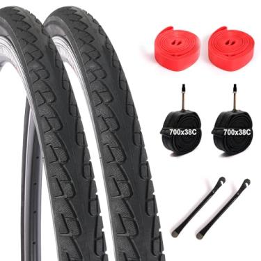Imagem de Conjunto de 2 pneus 700 x 38c para estrada/cascalho/bicicleta urbana - Faixa preta | Inclui 2 pneus, 2 tubos internos, 2 fitas de aro e 2 alavancas de pneu | Kit de substituição completo